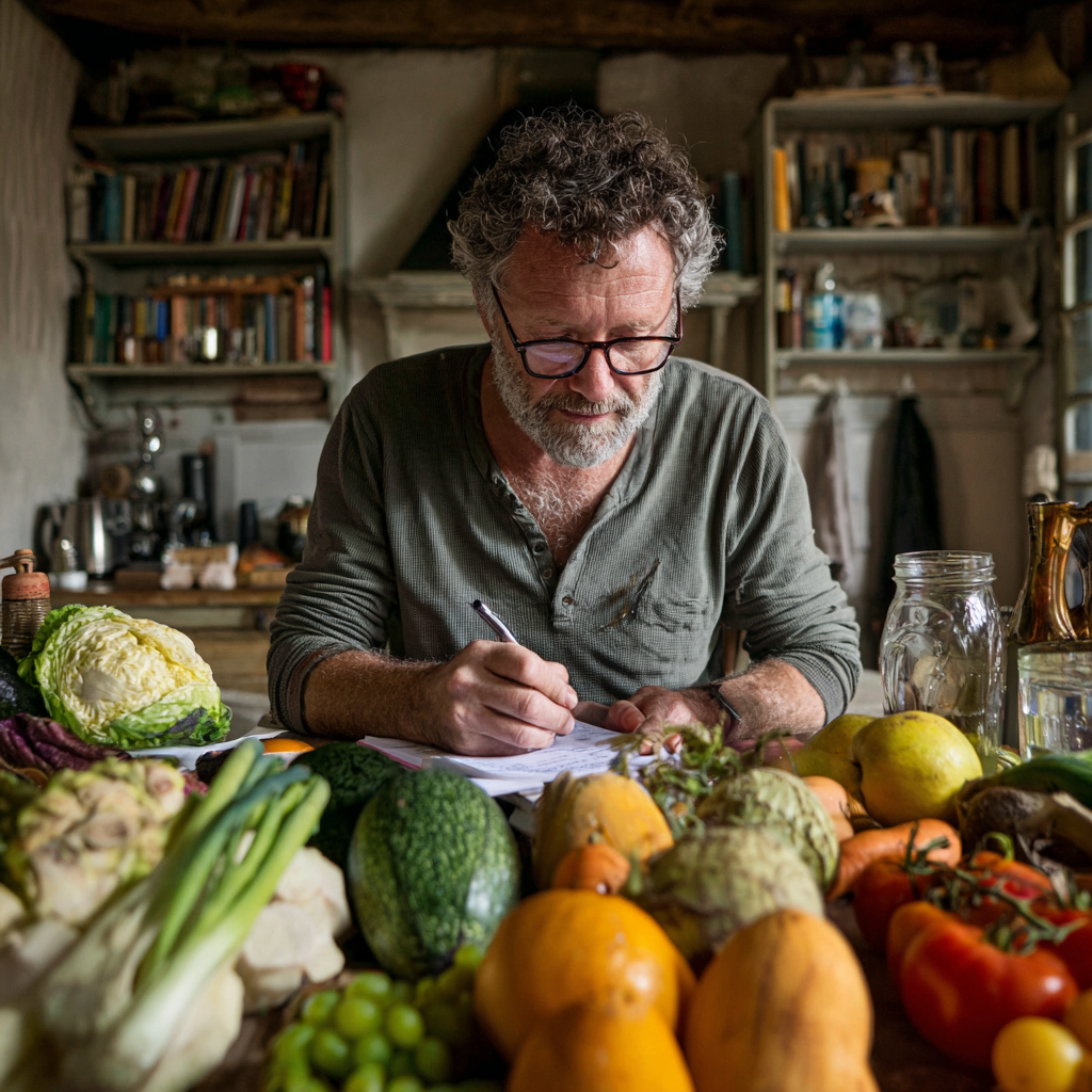 Чоловік віком 58 років планує своє тижневе меню за столом з овочами та фруктами