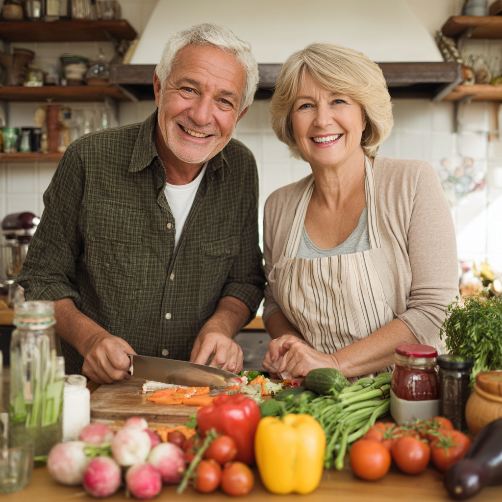 Чоловік та жінка віком 55-60 років готують здорову їжу разом на кухні, посміхаючись